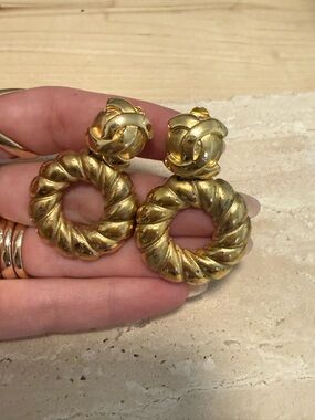 CHANEL Vintage Gold-Tone Twisted Circle Drop Earrings Clip On